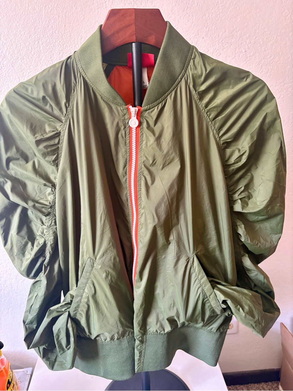 Hunter Olive Green Bomber Jacket with Orange Zip Trim